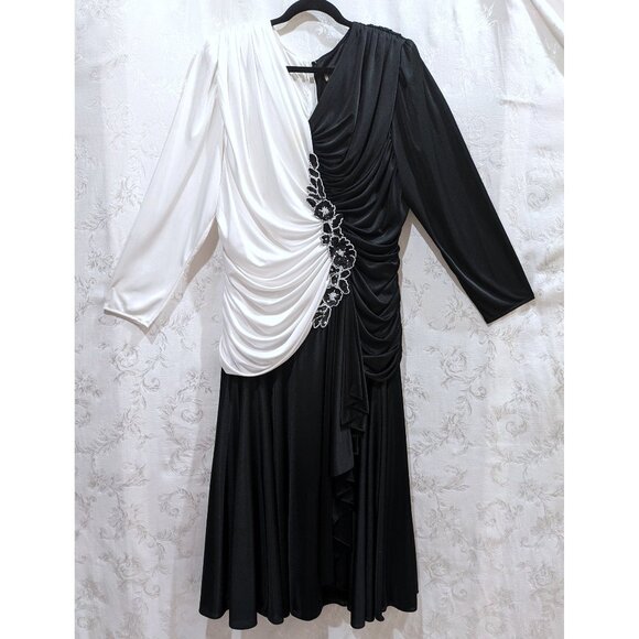 VTG 90s Ruched Black White Color Block Long Sleeve Gown 22W Elegant Evening Prom - Picture 1 of 7